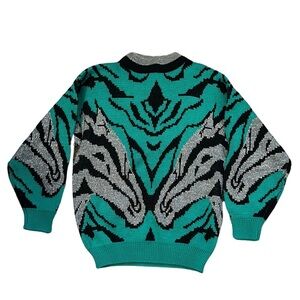 Vintage LicoRice X Horse Pattern Sweater - Teal and Black Made in Korea